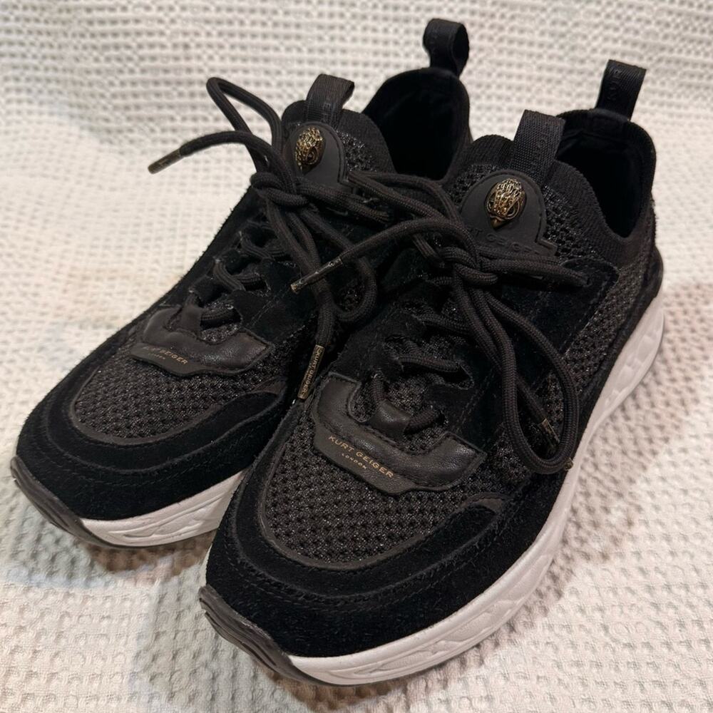 Kurt Geiger Kensington Black Glitter Knit Sneakers with Eagles Head Size 38